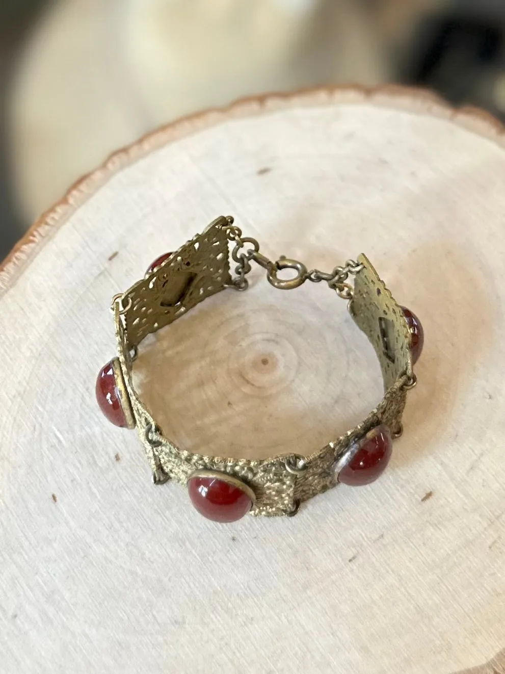 Antique 1910s 1920s Floral Brass & Hand Faceted Carnelian Cabochon Panel Link Bracelet Art Nouveau 7”