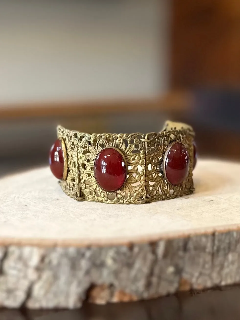 Antique 1910s 1920s Floral Brass & Hand Faceted Carnelian Cabochon Panel Link Bracelet Art Nouveau 7”