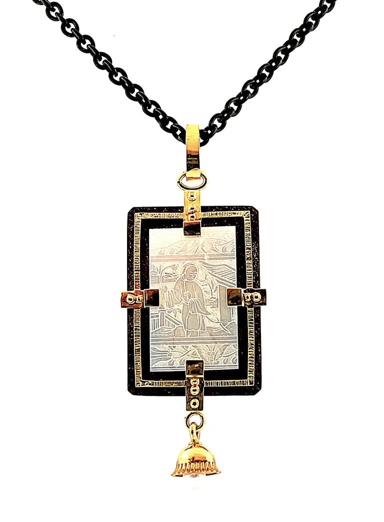Antique Mother-of-Pearl Pendant in Gold and Silver with Blackened Steel Chain