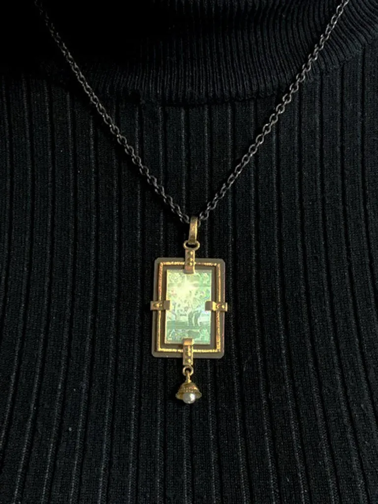 Antique Mother-of-Pearl Pendant in Gold and Silver with Blackened Steel Chain
