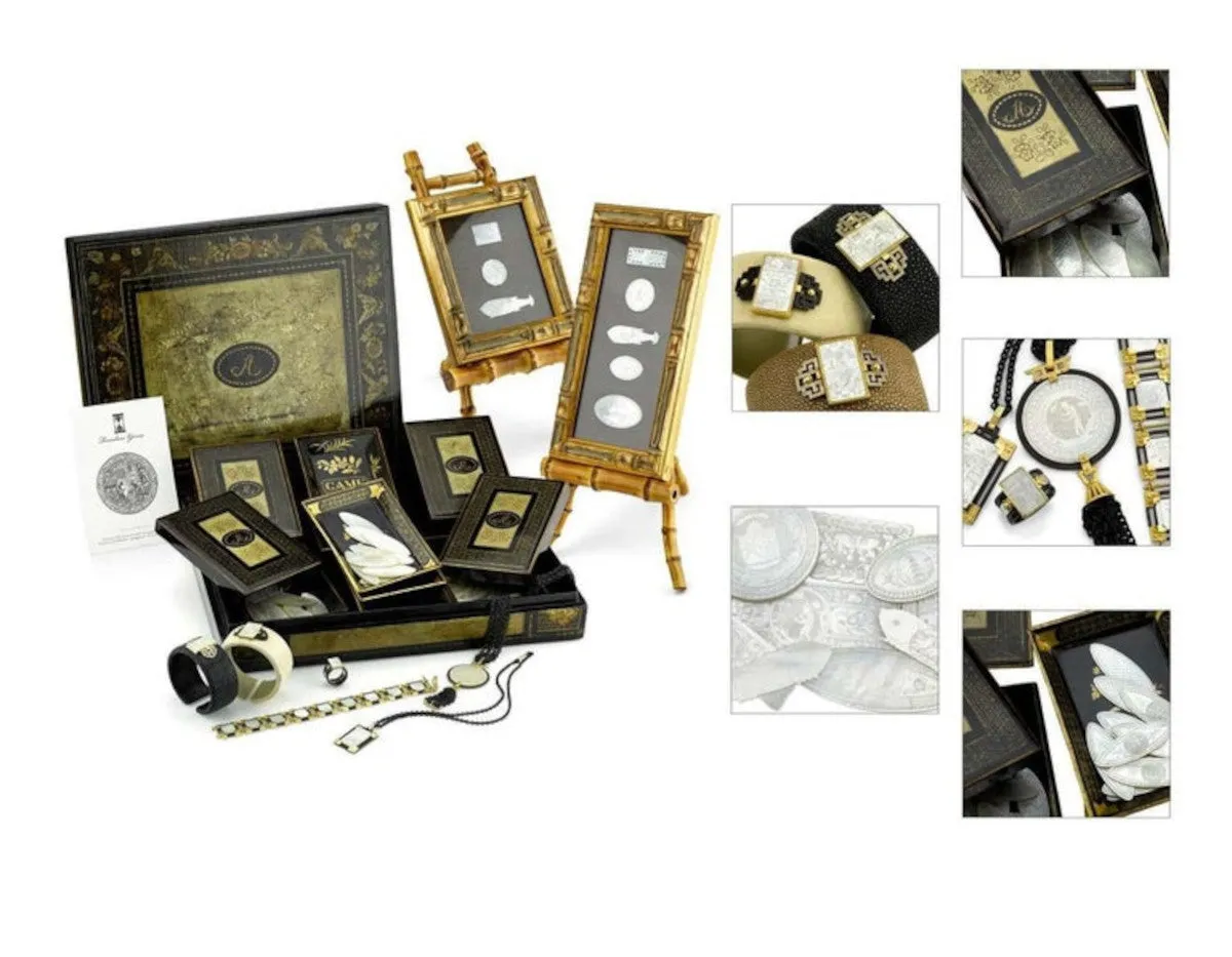 Antique Mother-of-Pearl Pendant in Gold and Silver with Blackened Steel Chain