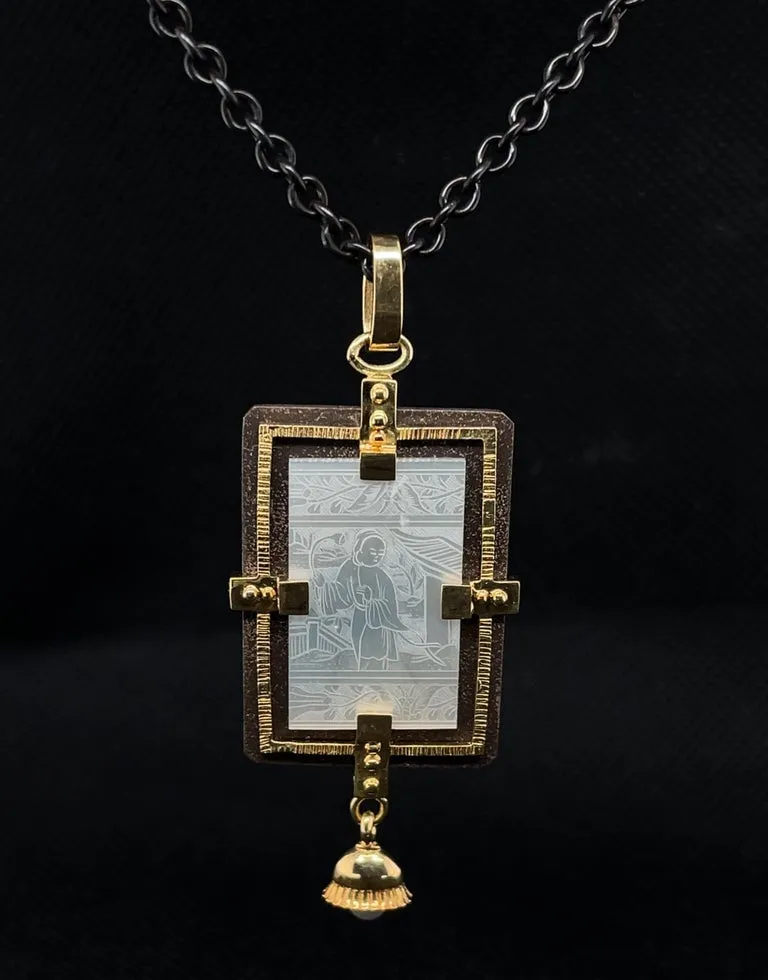 Antique Mother-of-Pearl Pendant in Gold and Silver with Blackened Steel Chain