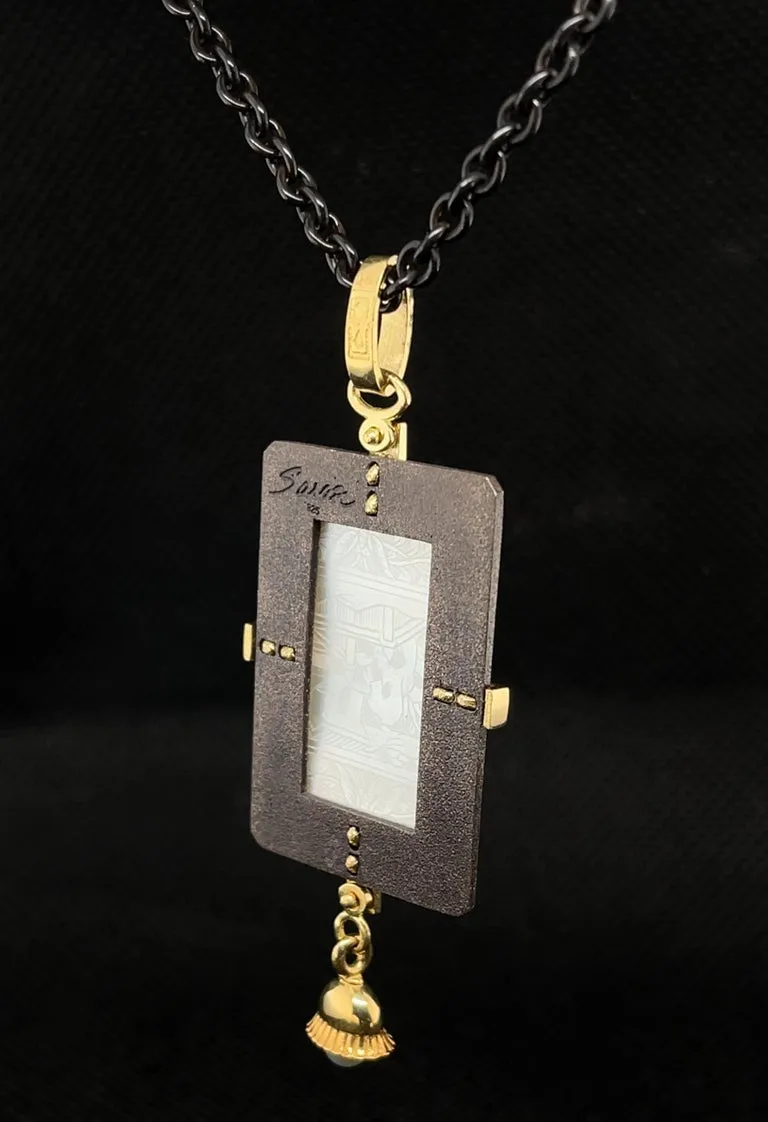 Antique Mother-of-Pearl Pendant in Gold and Silver with Blackened Steel Chain
