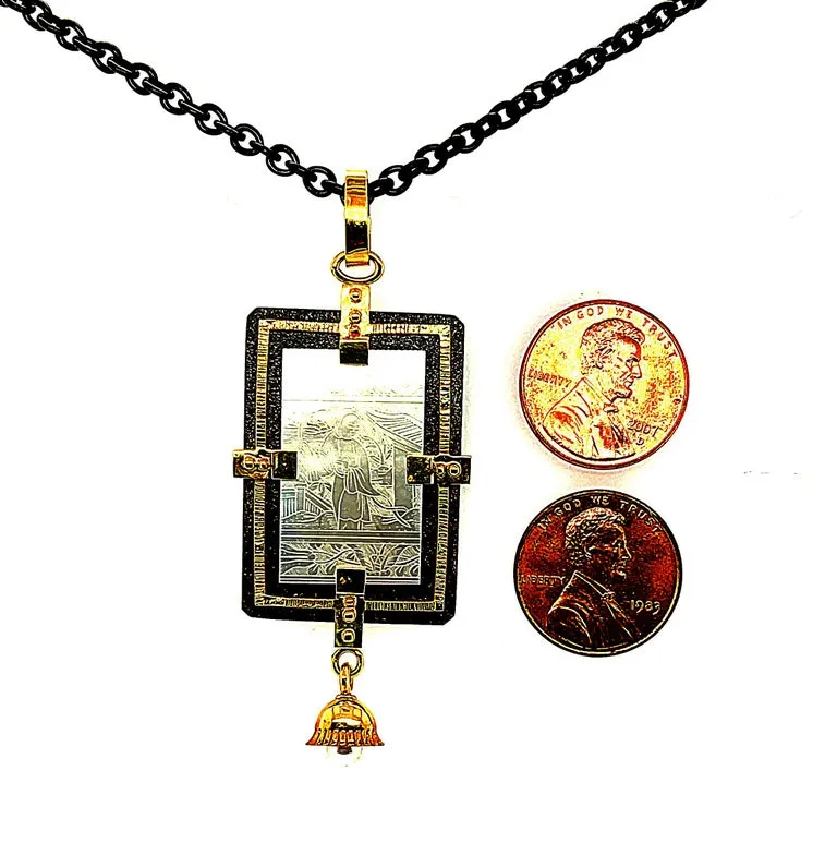 Antique Mother-of-Pearl Pendant in Gold and Silver with Blackened Steel Chain