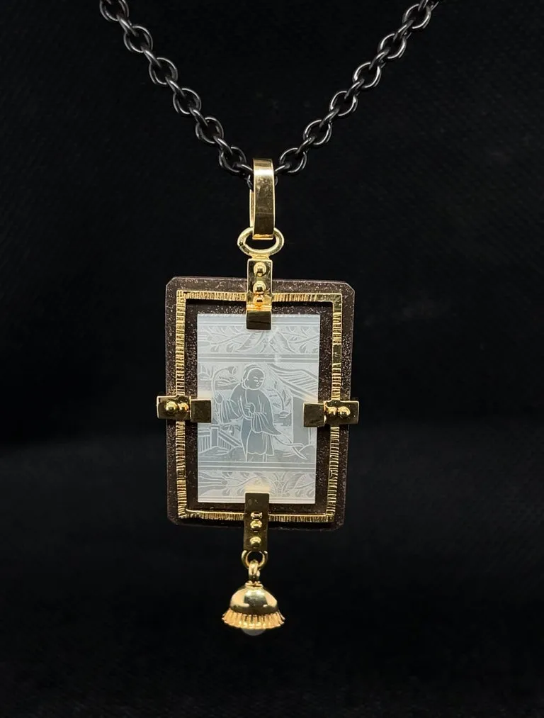 Antique Mother-of-Pearl Pendant in Gold and Silver with Blackened Steel Chain