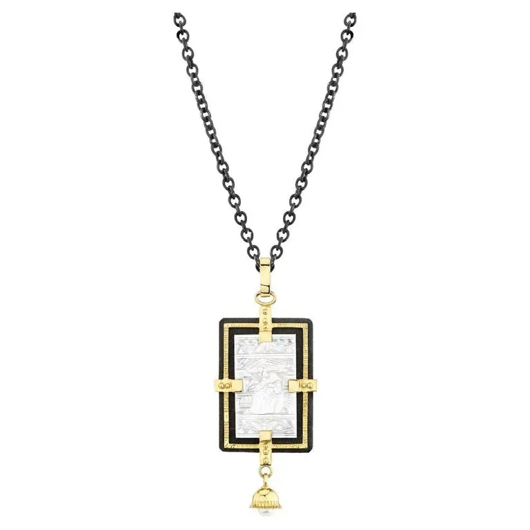 Antique Mother-of-Pearl Pendant in Gold and Silver with Blackened Steel Chain