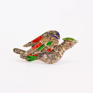 Antique Rose Cut Diamond Bird Pin with Enamel, 18k