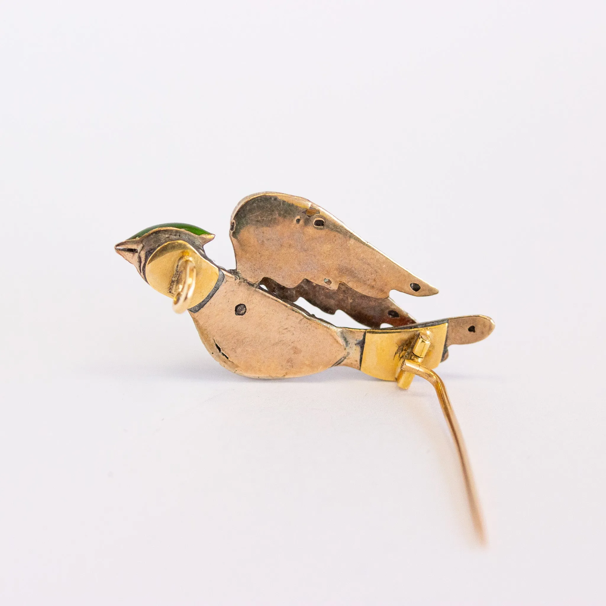Antique Rose Cut Diamond Bird Pin with Enamel, 18k