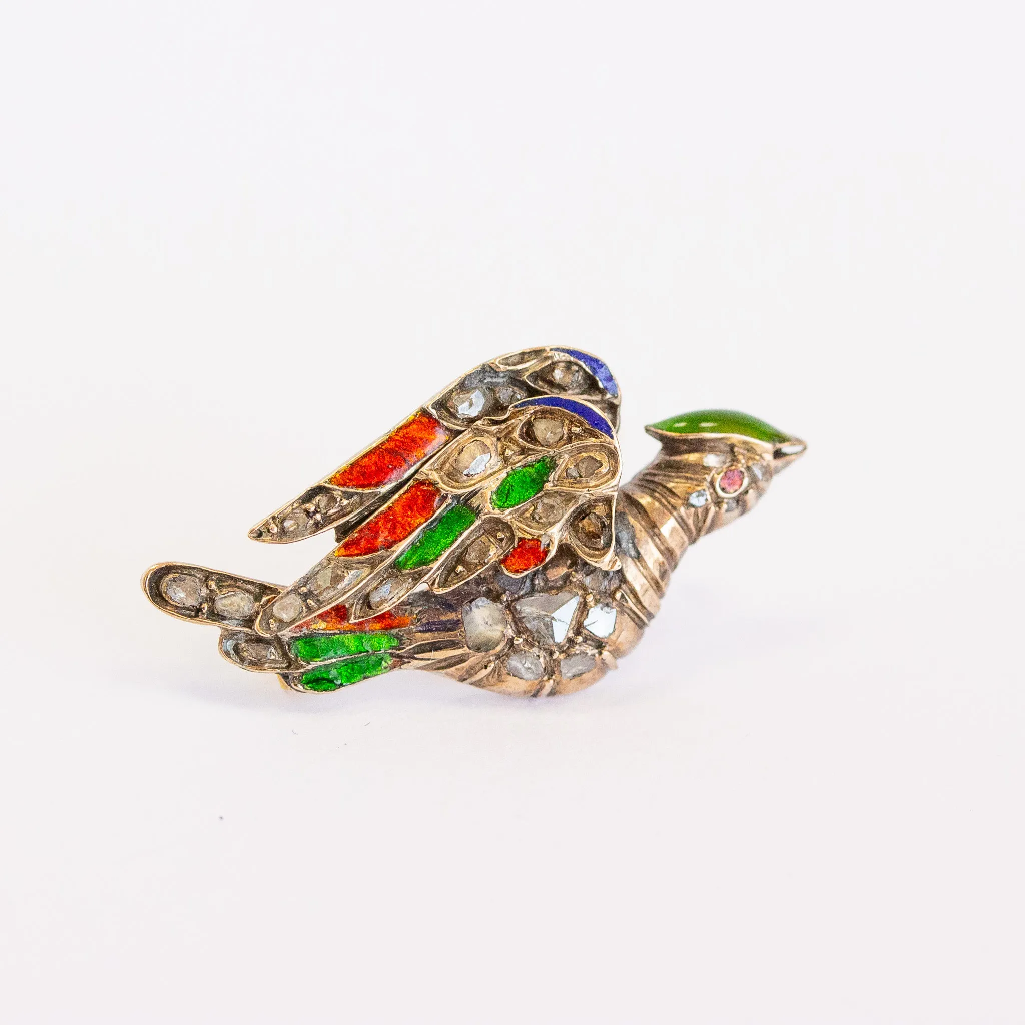 Antique Rose Cut Diamond Bird Pin with Enamel, 18k