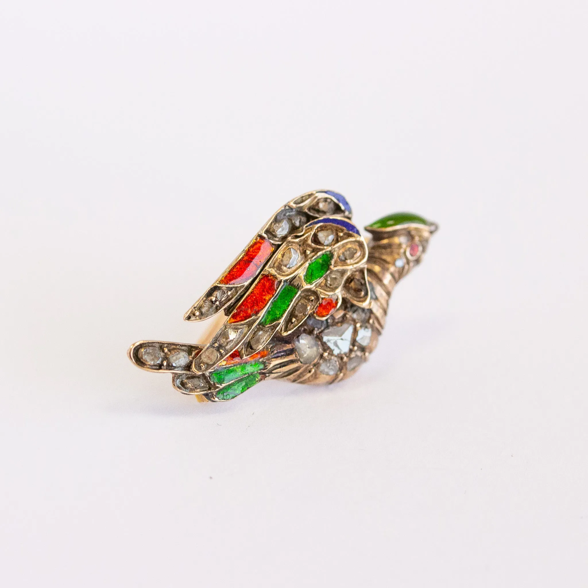 Antique Rose Cut Diamond Bird Pin with Enamel, 18k