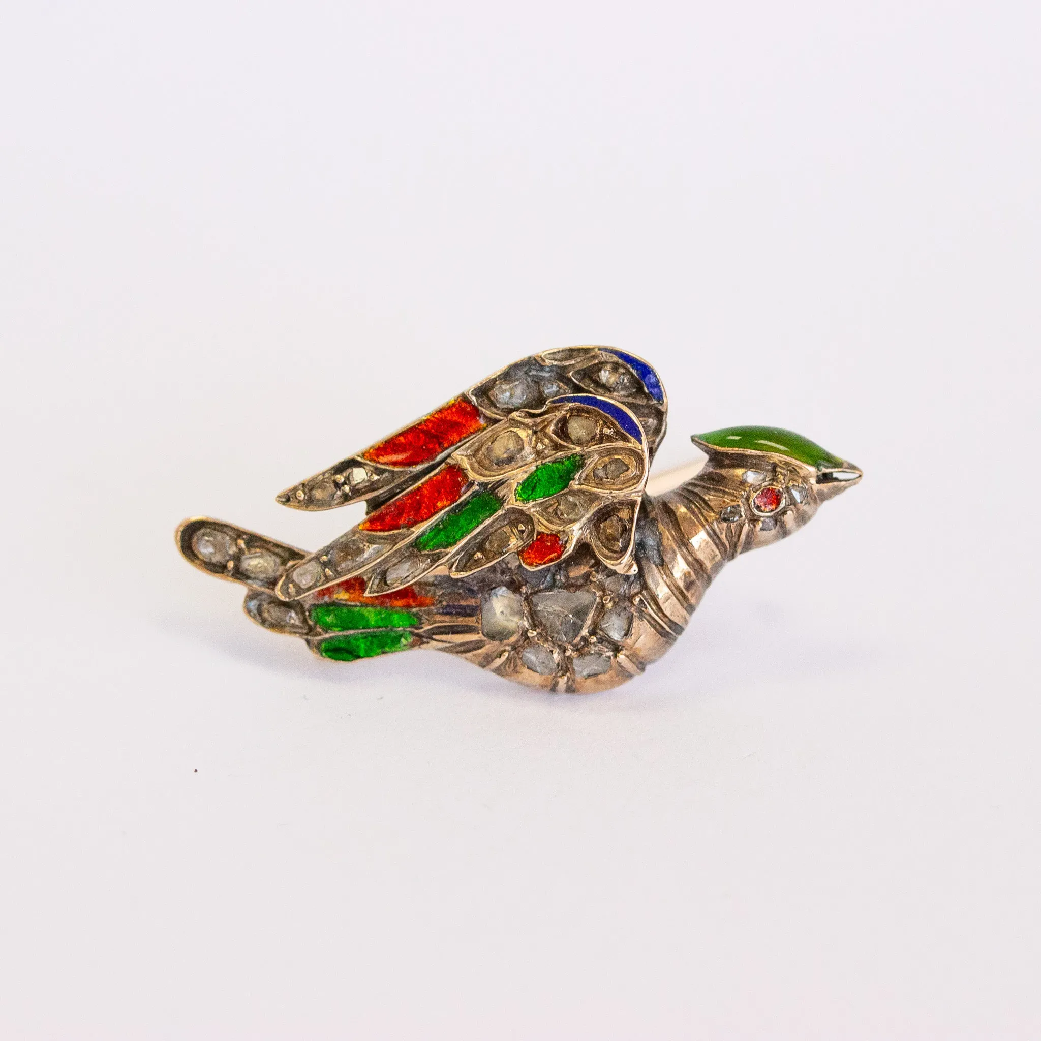 Antique Rose Cut Diamond Bird Pin with Enamel, 18k