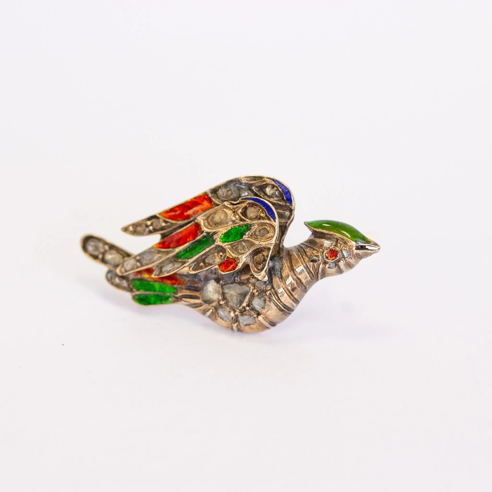 Antique Rose Cut Diamond Bird Pin with Enamel, 18k
