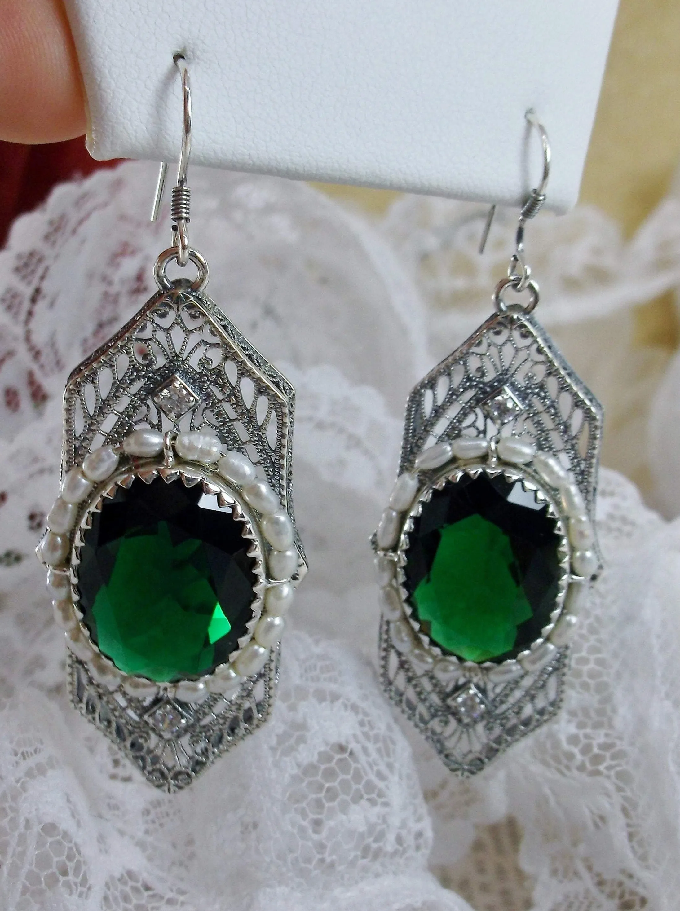 Art Deco Earrings, Emerald Green Crystal & Seed Pearl Vintage Jewelry #E156