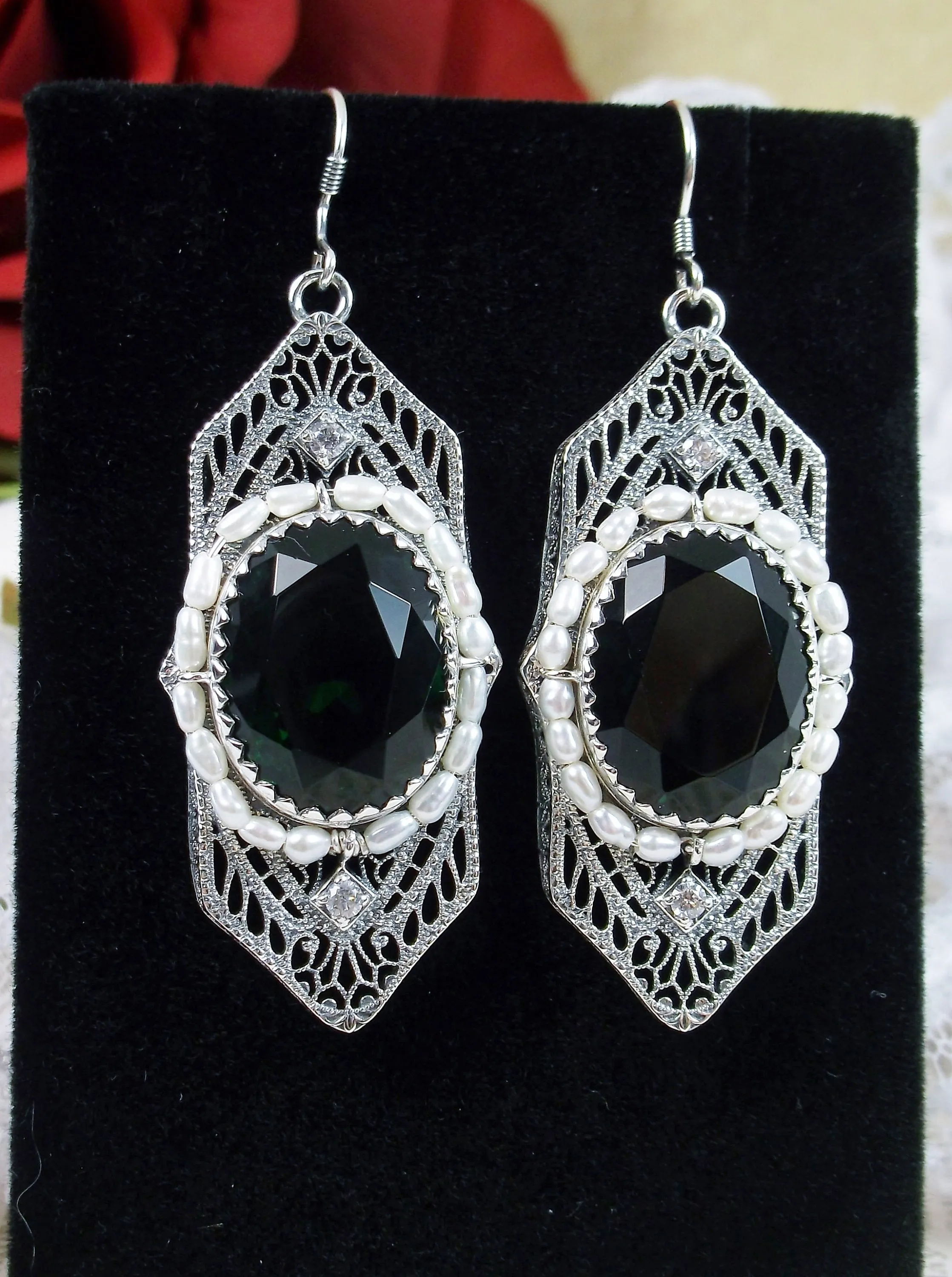 Art Deco Earrings, Emerald Green Crystal & Seed Pearl Vintage Jewelry #E156