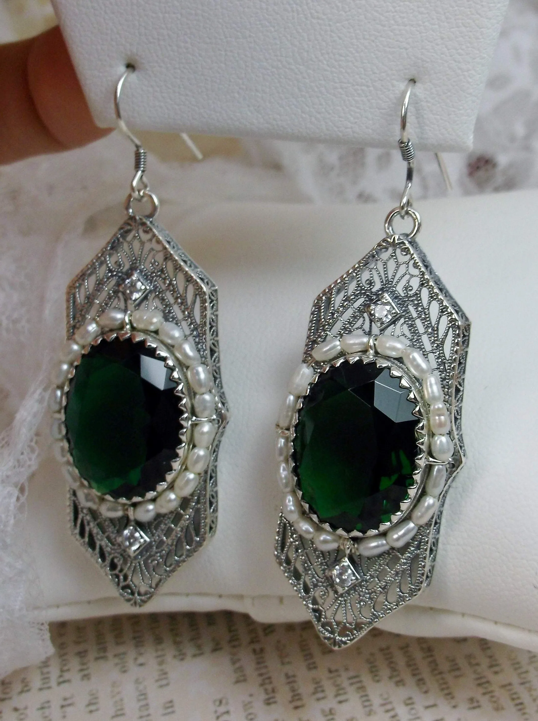 Art Deco Earrings, Emerald Green Crystal & Seed Pearl Vintage Jewelry #E156