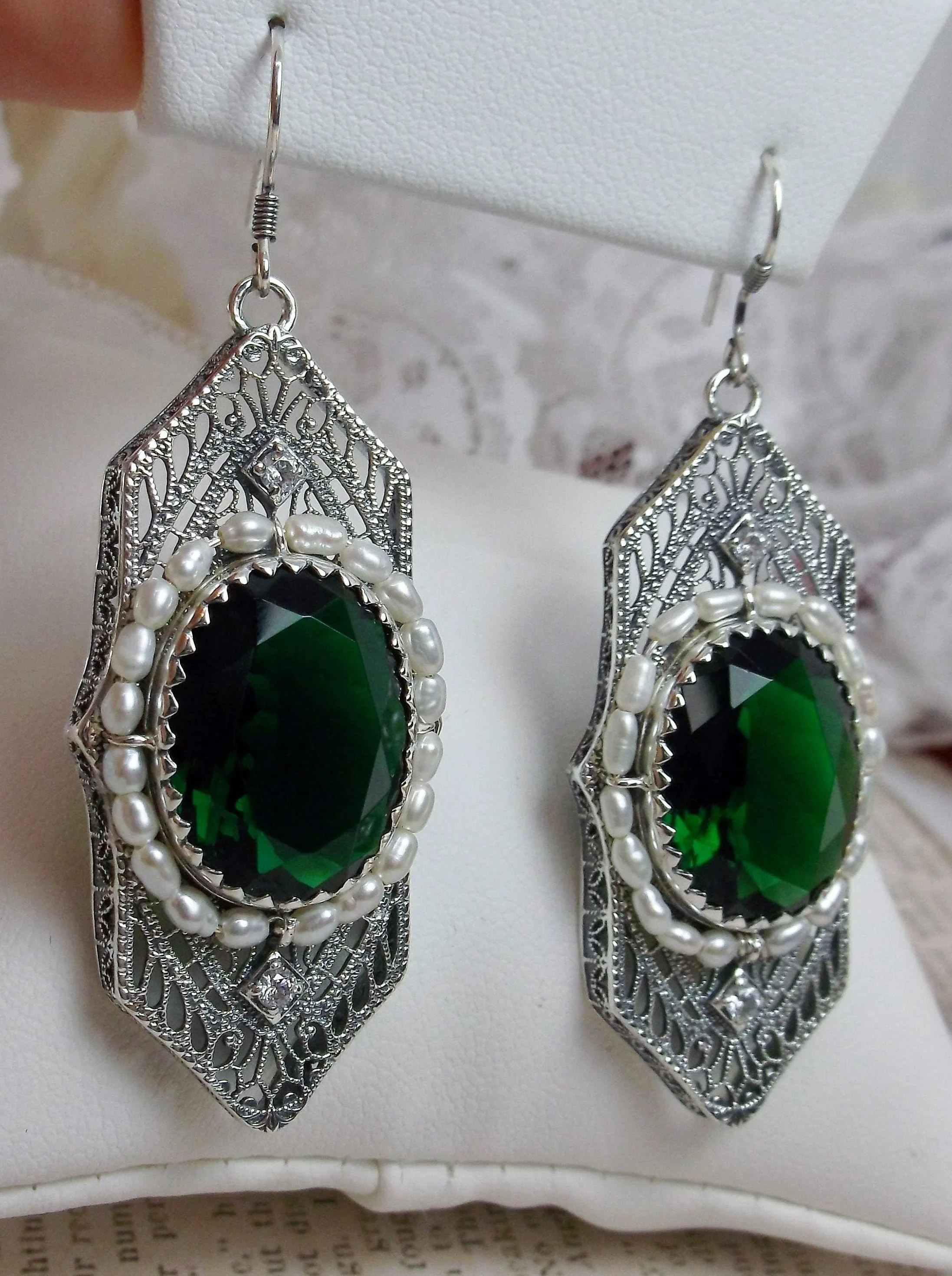 Art Deco Earrings, Emerald Green Crystal & Seed Pearl Vintage Jewelry #E156