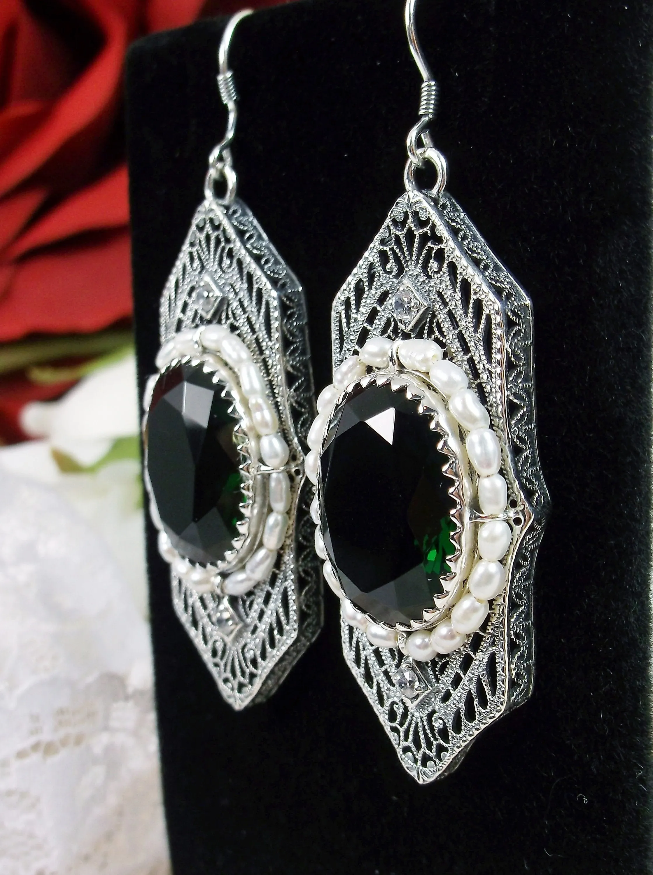 Art Deco Earrings, Emerald Green Crystal & Seed Pearl Vintage Jewelry #E156