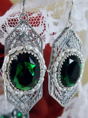 Art Deco Earrings, Emerald Green Crystal & Seed Pearl Vintage Jewelry #E156