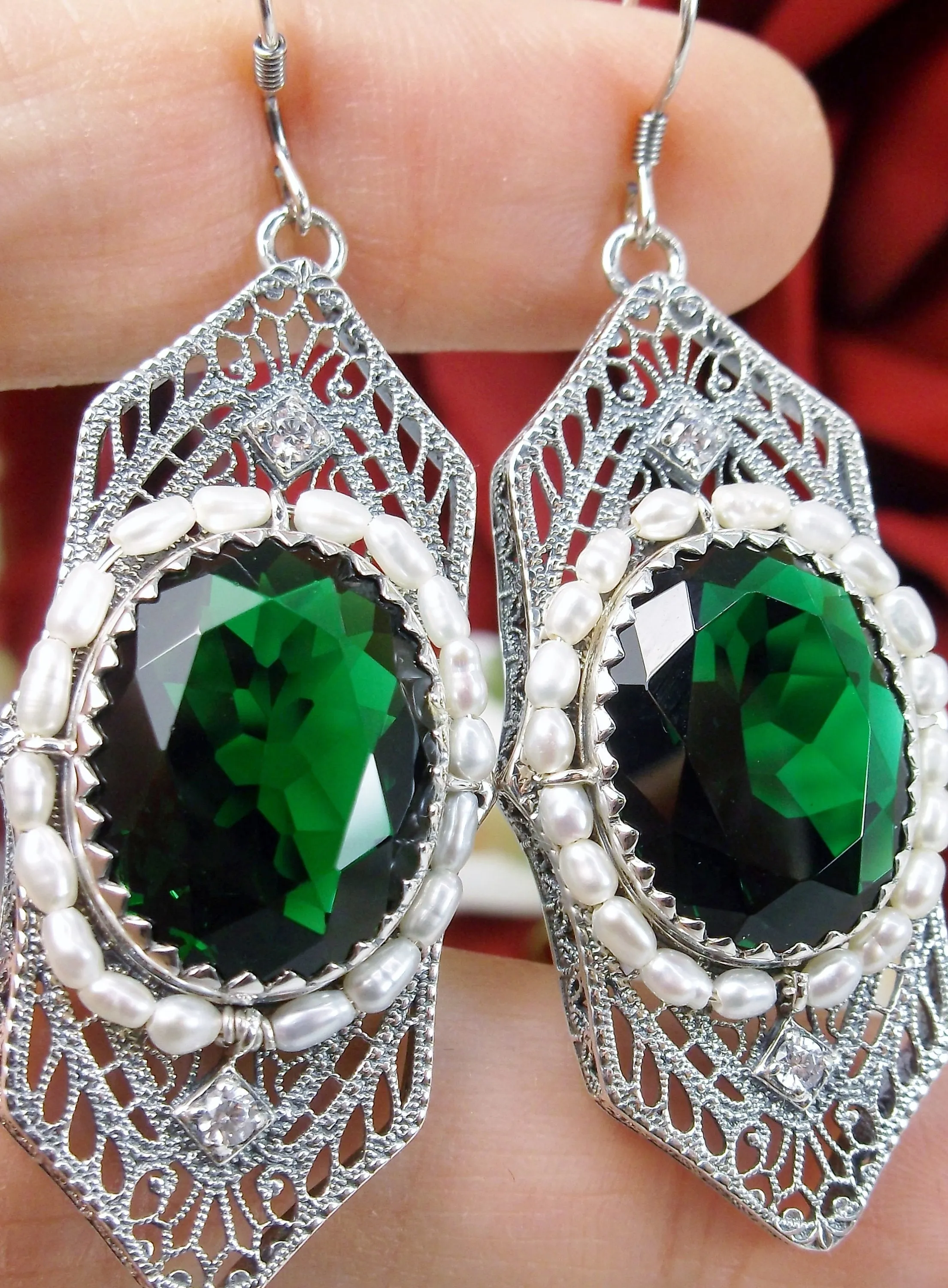 Art Deco Earrings, Emerald Green Crystal & Seed Pearl Vintage Jewelry #E156