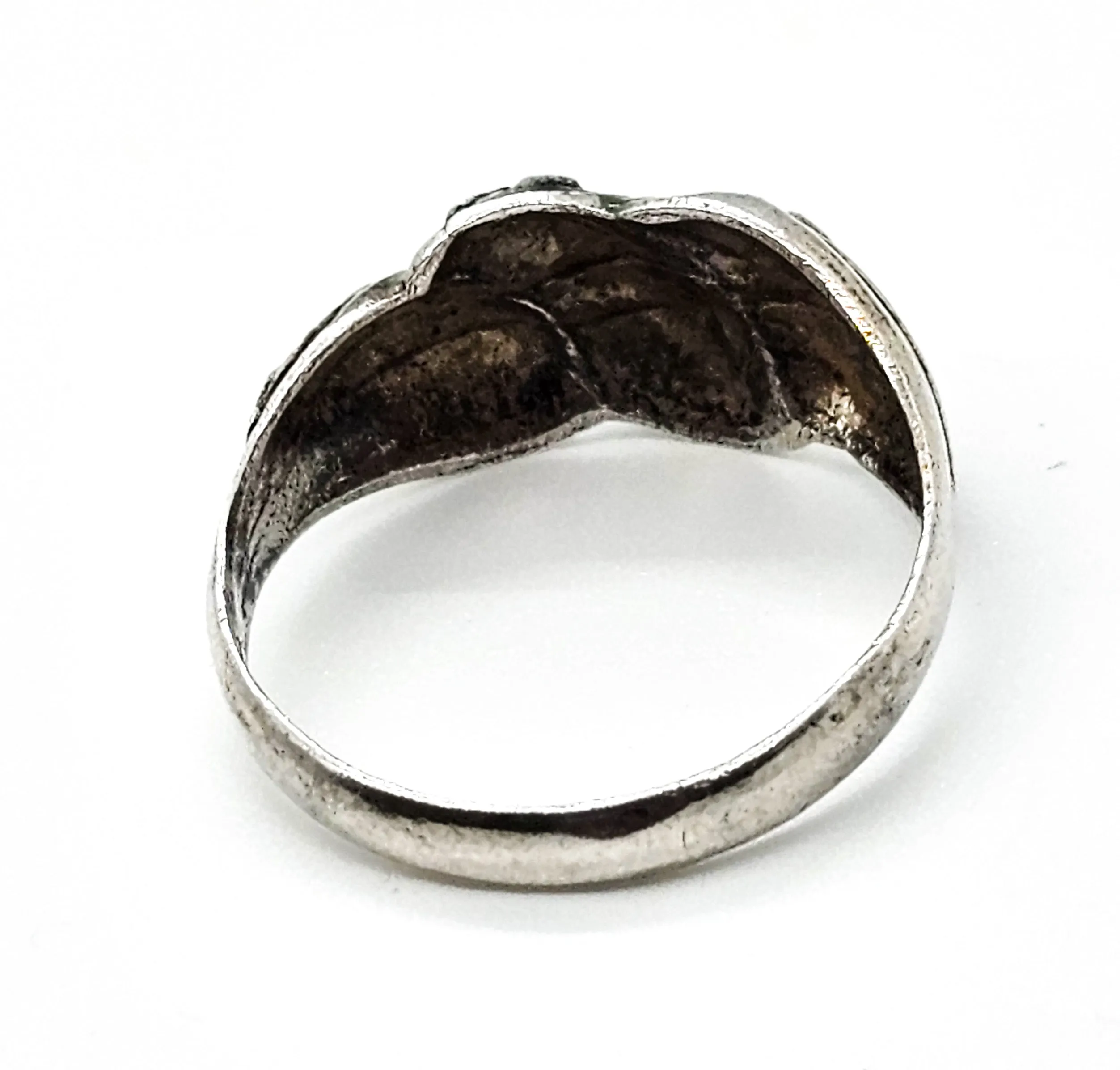 Art Nouveau Repousse  Forget me knot green enamel antique sterling silver ring size 8