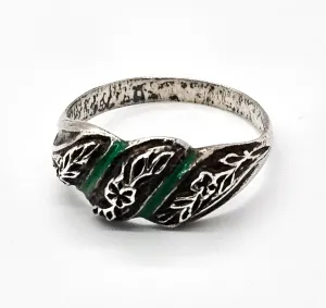 Art Nouveau Repousse  Forget me knot green enamel antique sterling silver ring size 8