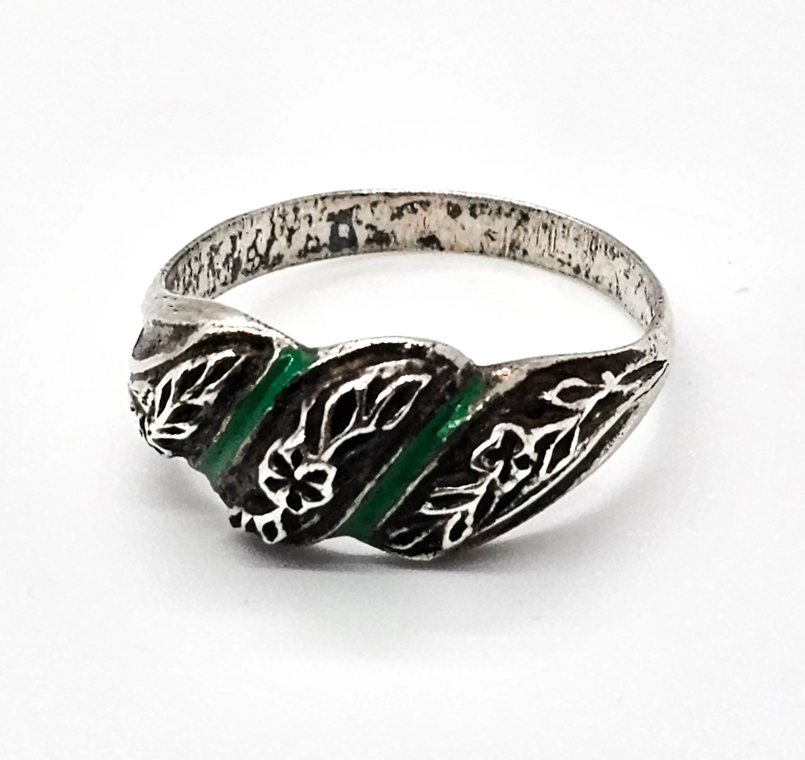 Art Nouveau Repousse  Forget me knot green enamel antique sterling silver ring size 8