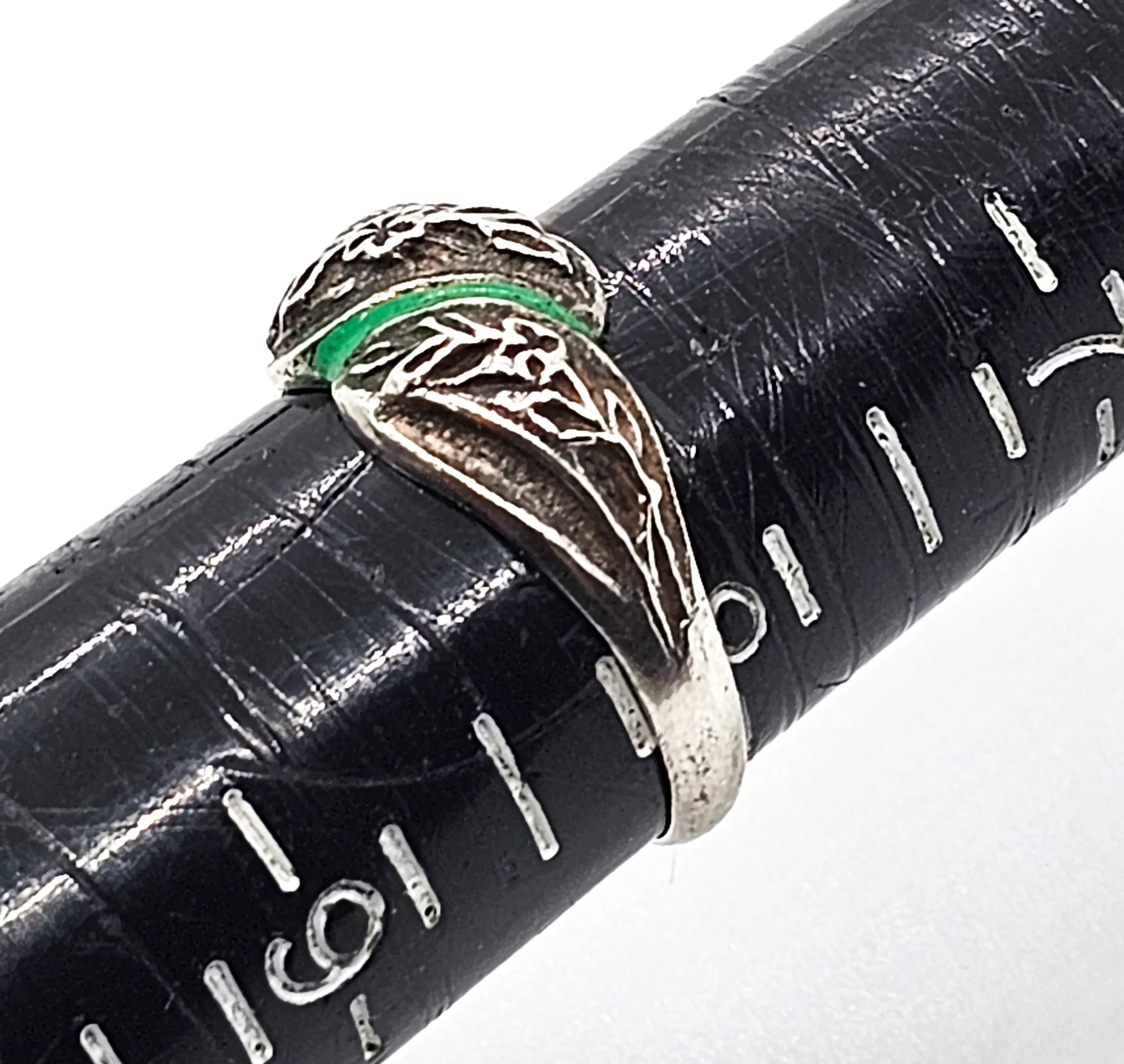 Art Nouveau Repousse  Forget me knot green enamel antique sterling silver ring size 8