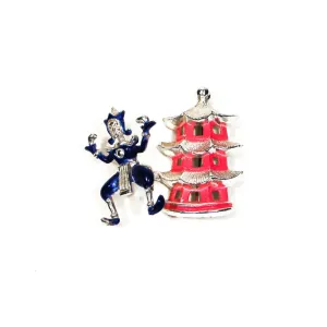 Asian Dancer, Pagoda Brooch, Enamel, Figural, Trembler, Vintage Jewelry