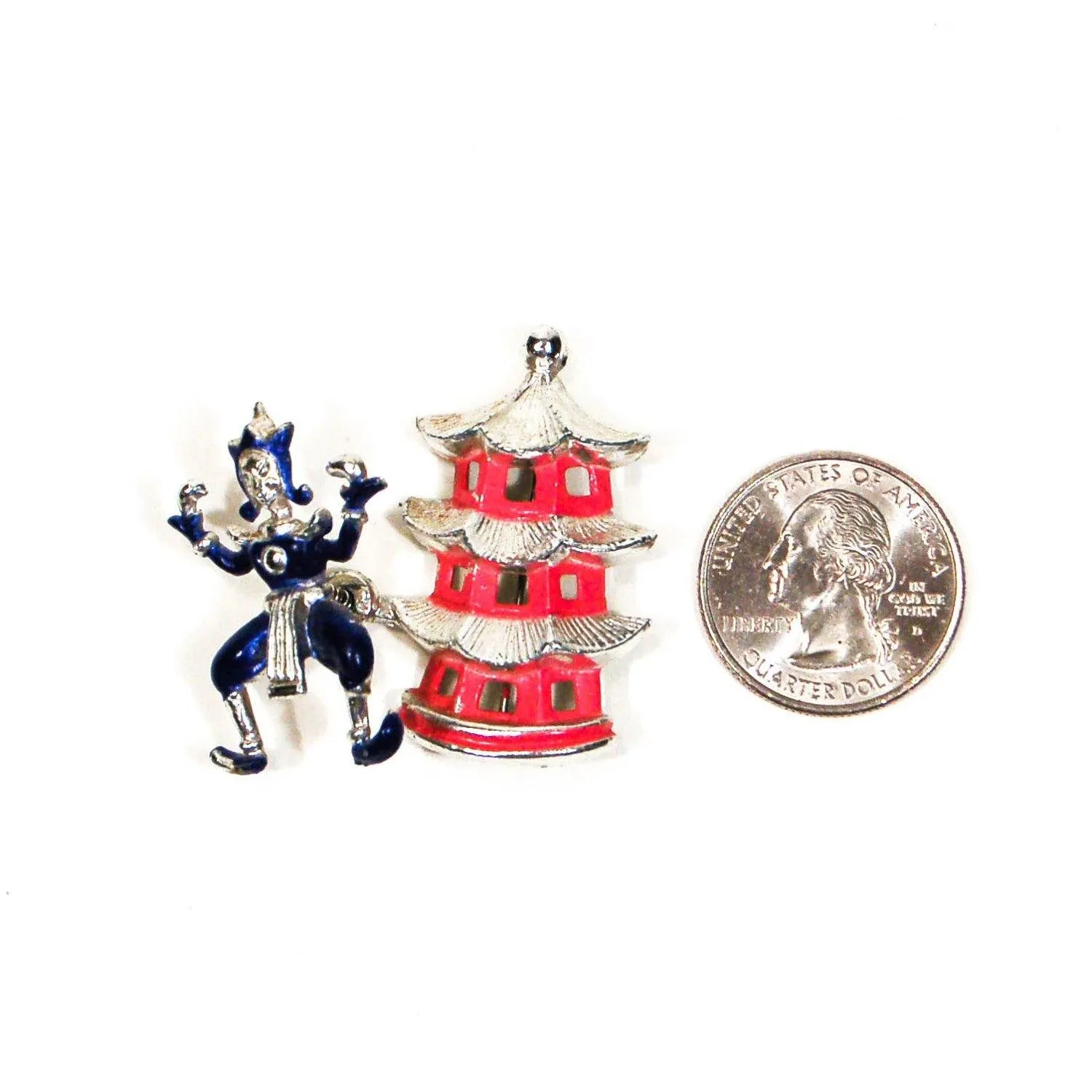 Asian Dancer, Pagoda Brooch, Enamel, Figural, Trembler, Vintage Jewelry