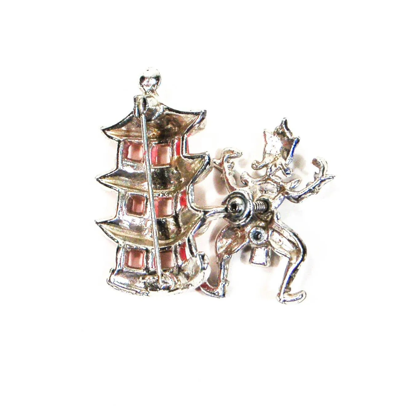 Asian Dancer, Pagoda Brooch, Enamel, Figural, Trembler, Vintage Jewelry