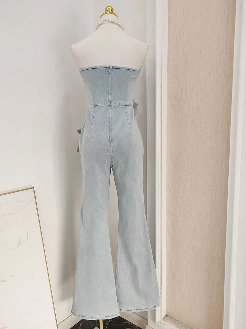 Bandeau Floral Denim Vintage Jumpsuit