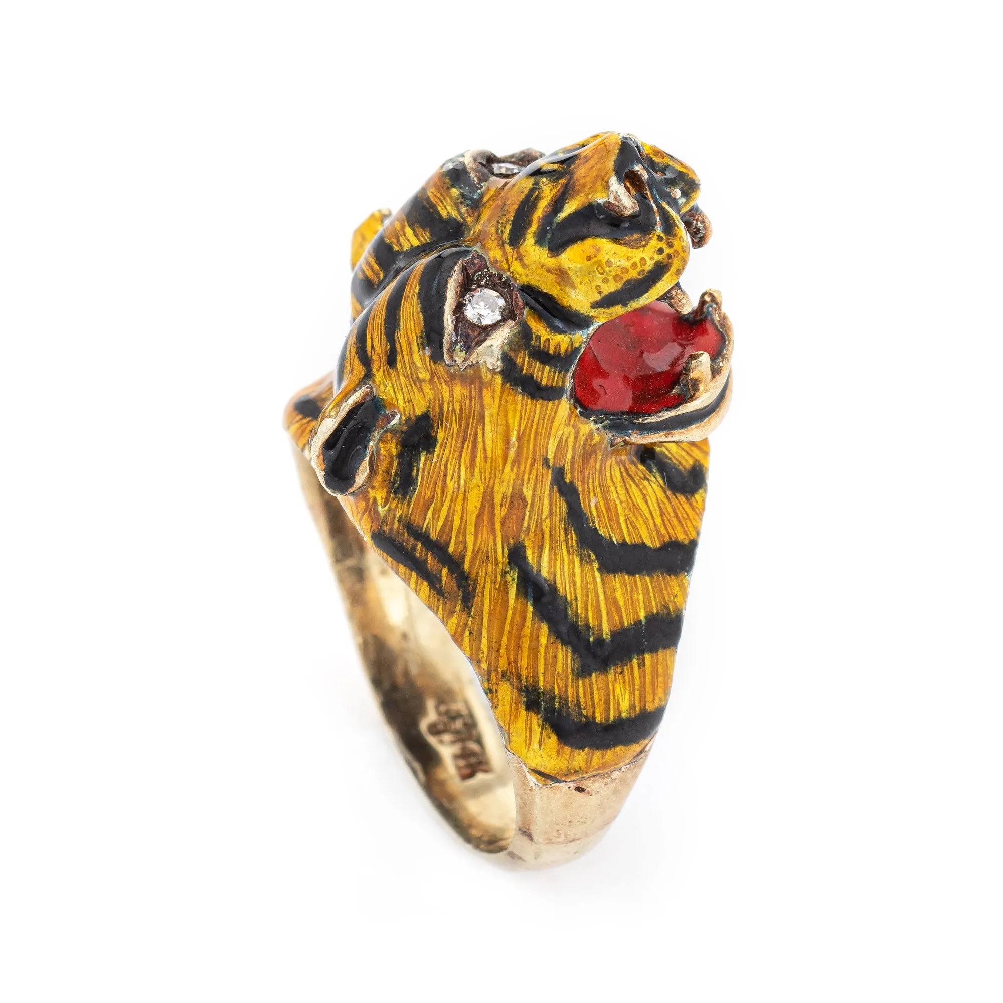 Bengal Tiger Ring Vintage 14k Yellow Gold Animal Jewelry Enamel Sz 7 Estate