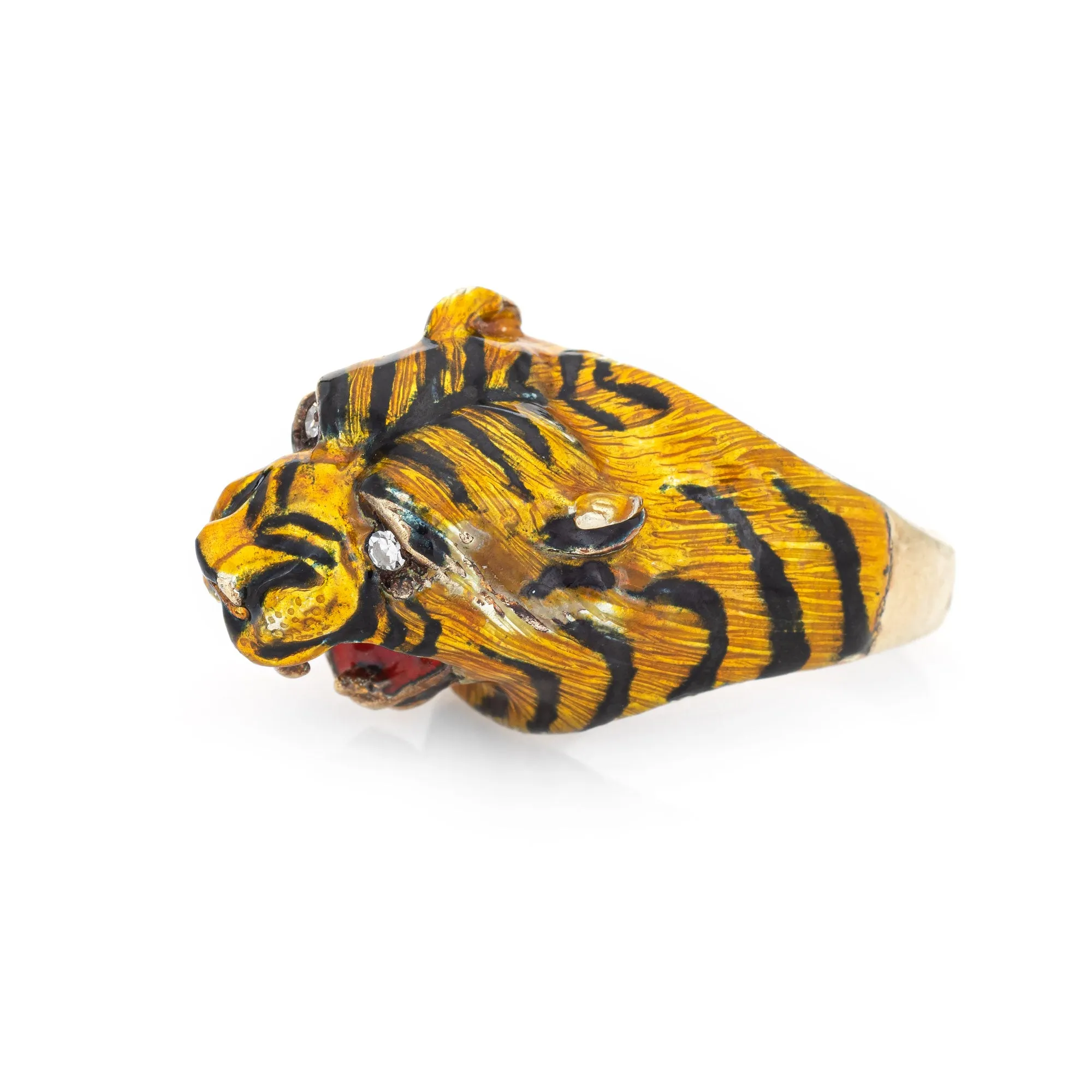 Bengal Tiger Ring Vintage 14k Yellow Gold Animal Jewelry Enamel Sz 7 Estate