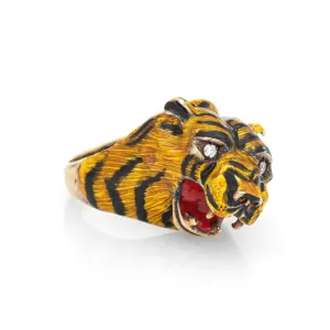 Bengal Tiger Ring Vintage 14k Yellow Gold Animal Jewelry Enamel Sz 7 Estate