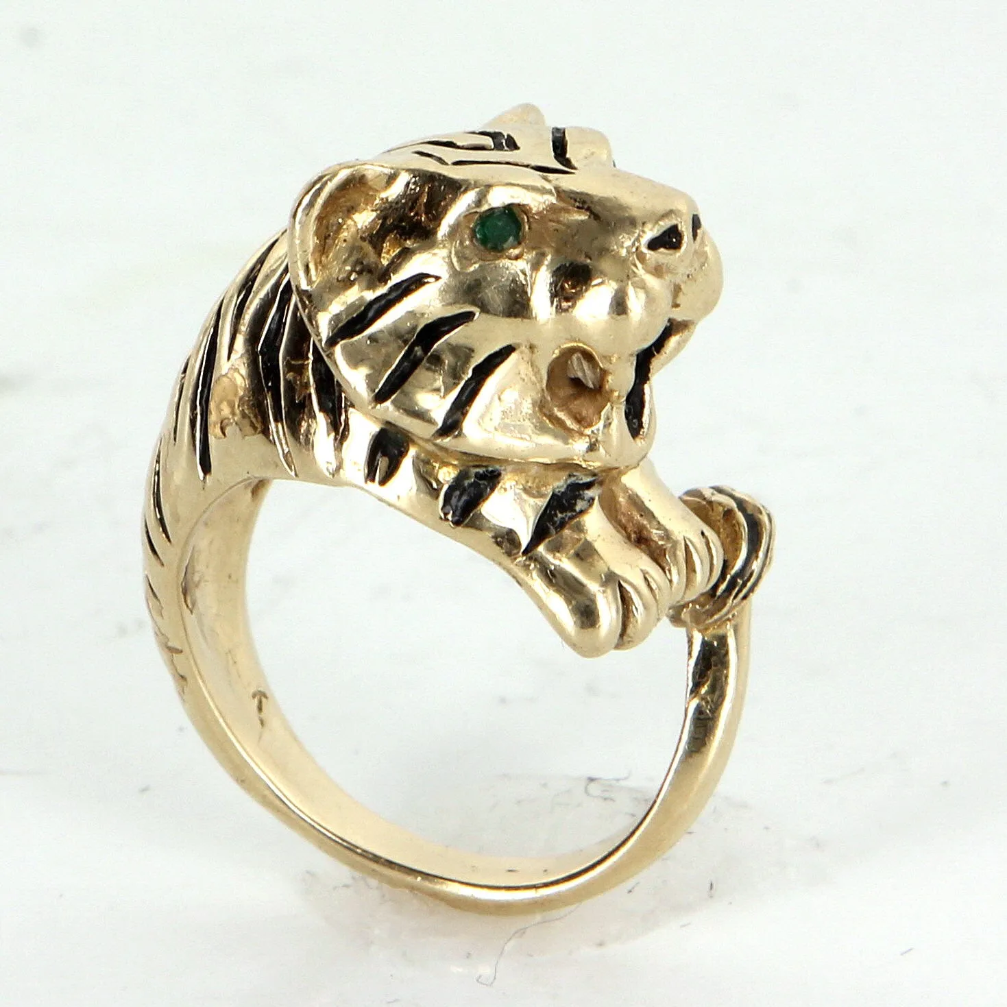 Bengal Tiger Ring Vintage 14k Yellow Gold Black Enamel Estate Animal Jewelry