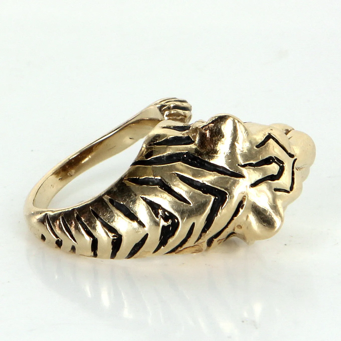 Bengal Tiger Ring Vintage 14k Yellow Gold Black Enamel Estate Animal Jewelry