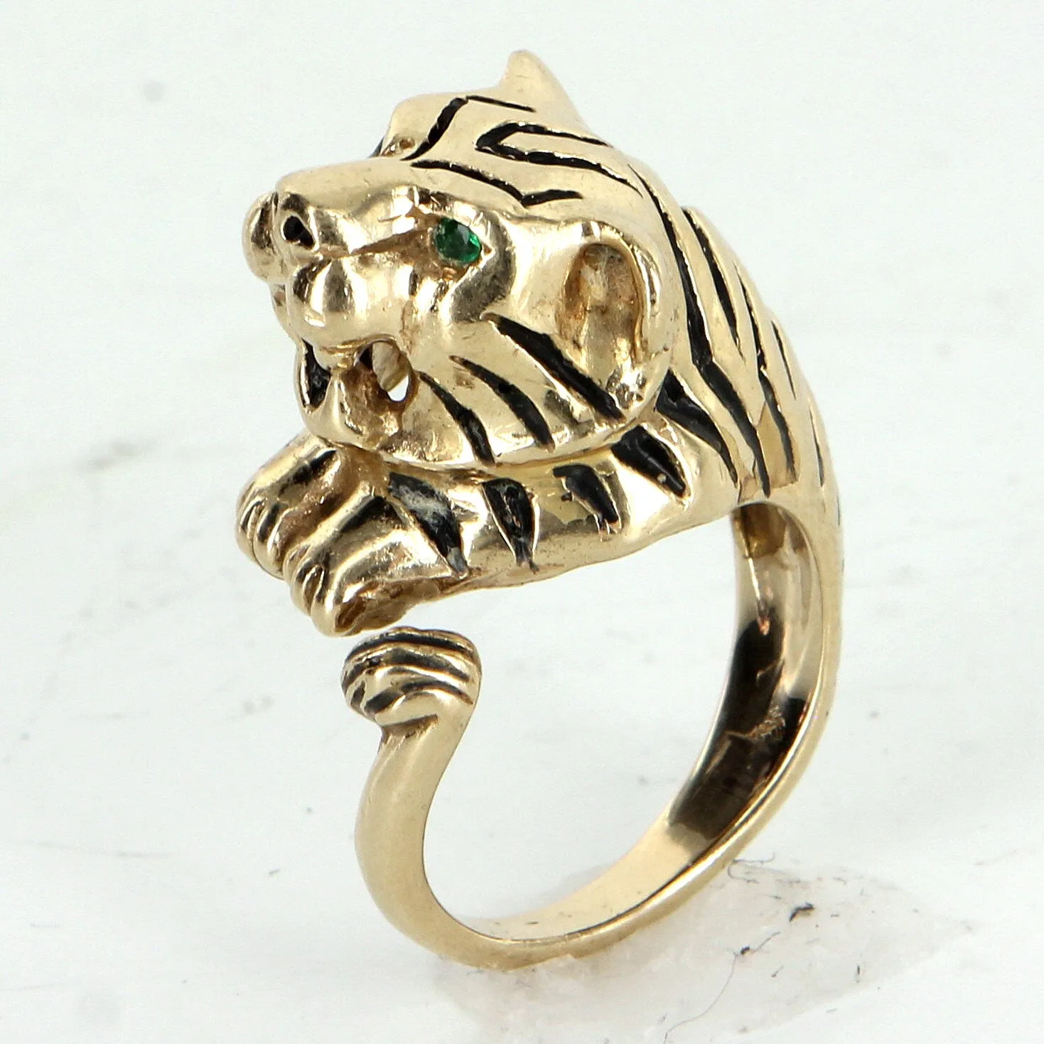Bengal Tiger Ring Vintage 14k Yellow Gold Black Enamel Estate Animal Jewelry