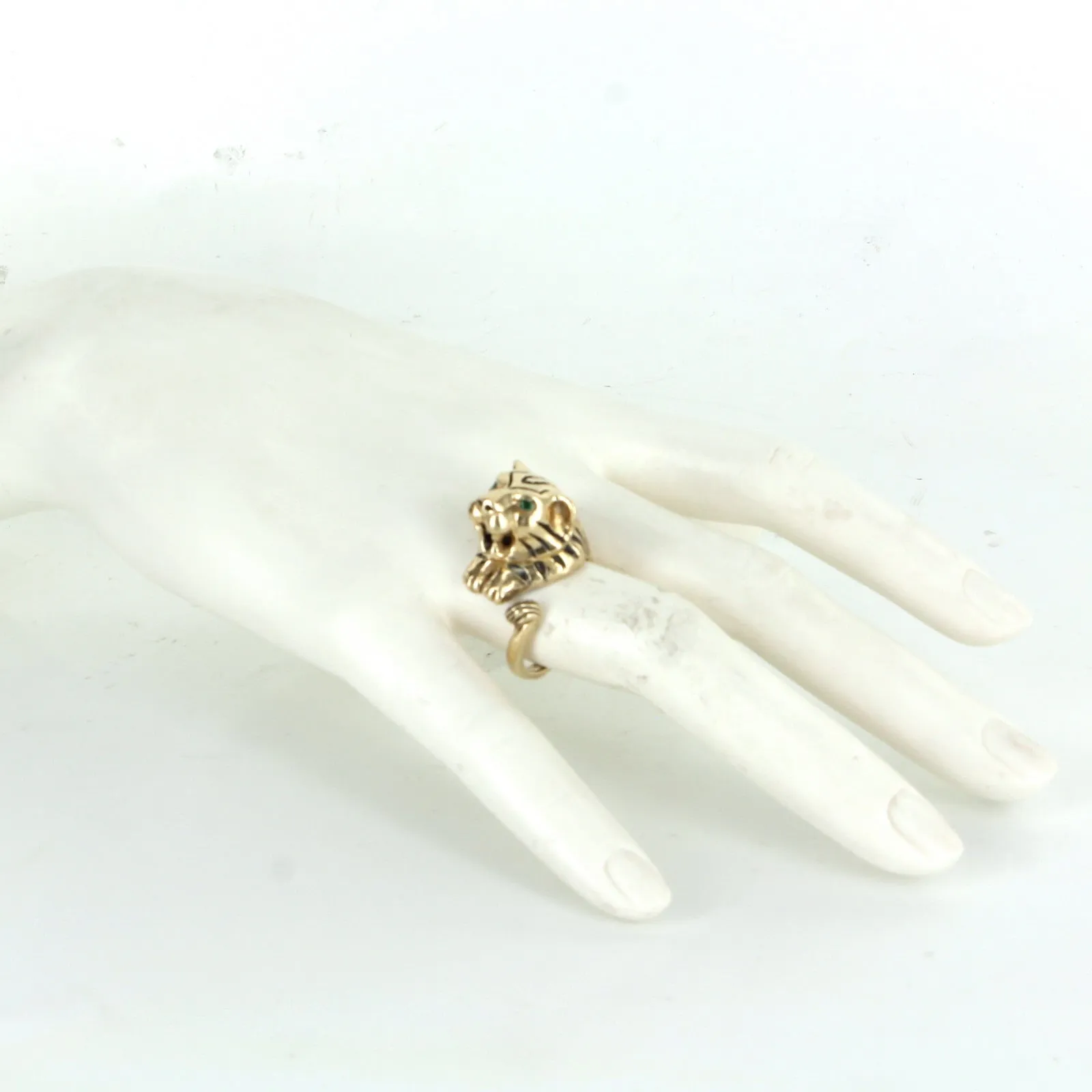 Bengal Tiger Ring Vintage 14k Yellow Gold Black Enamel Estate Animal Jewelry