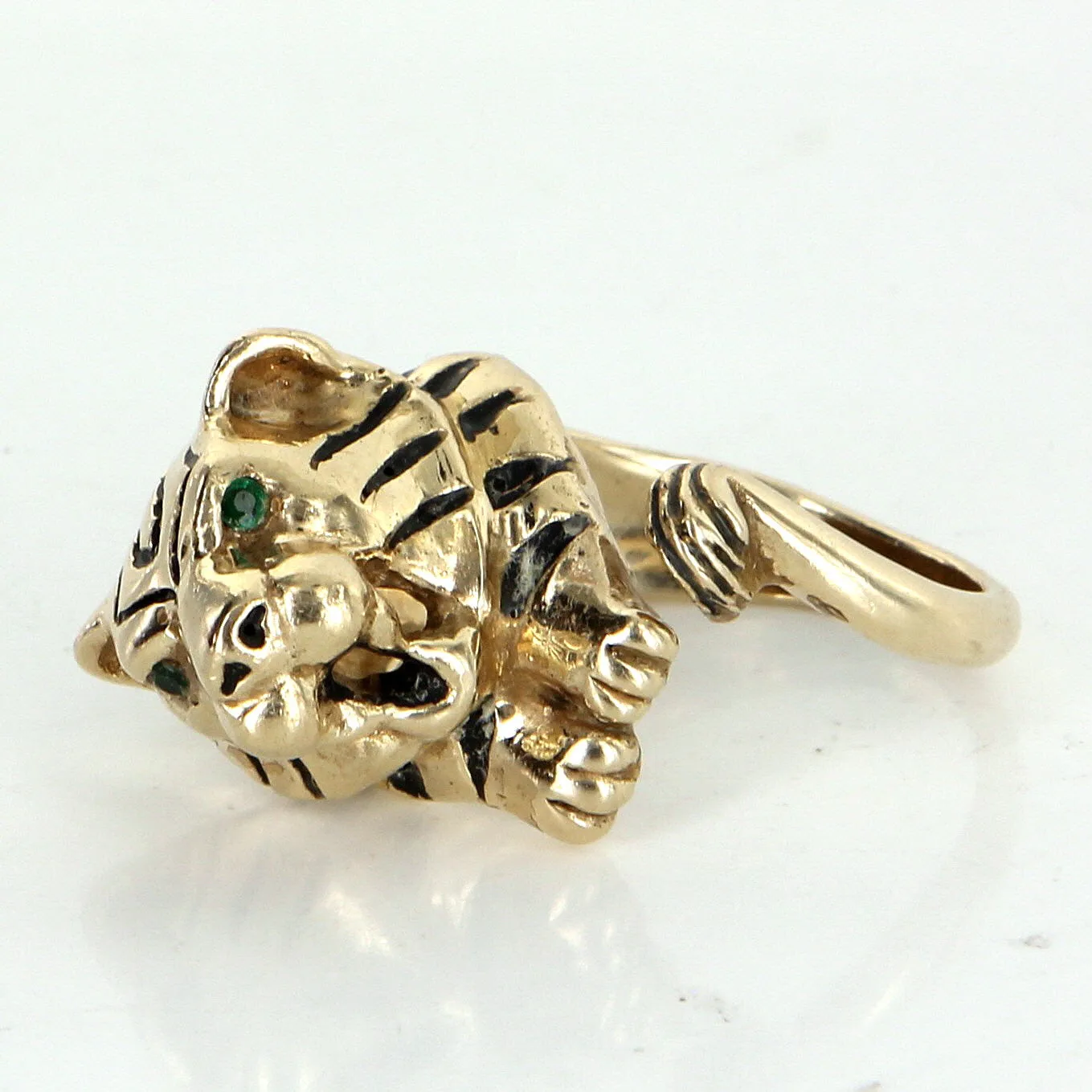 Bengal Tiger Ring Vintage 14k Yellow Gold Black Enamel Estate Animal Jewelry