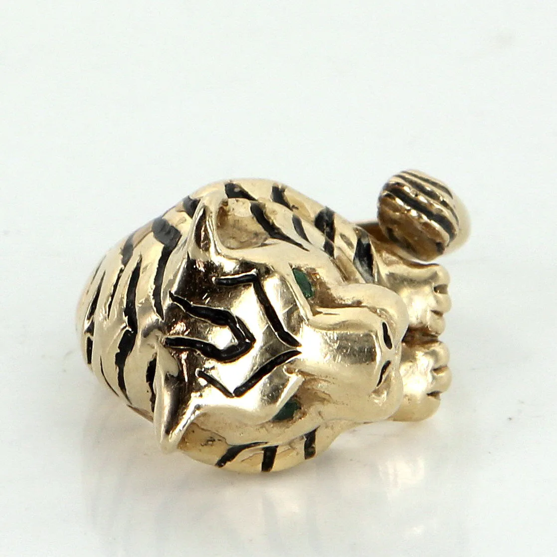 Bengal Tiger Ring Vintage 14k Yellow Gold Black Enamel Estate Animal Jewelry