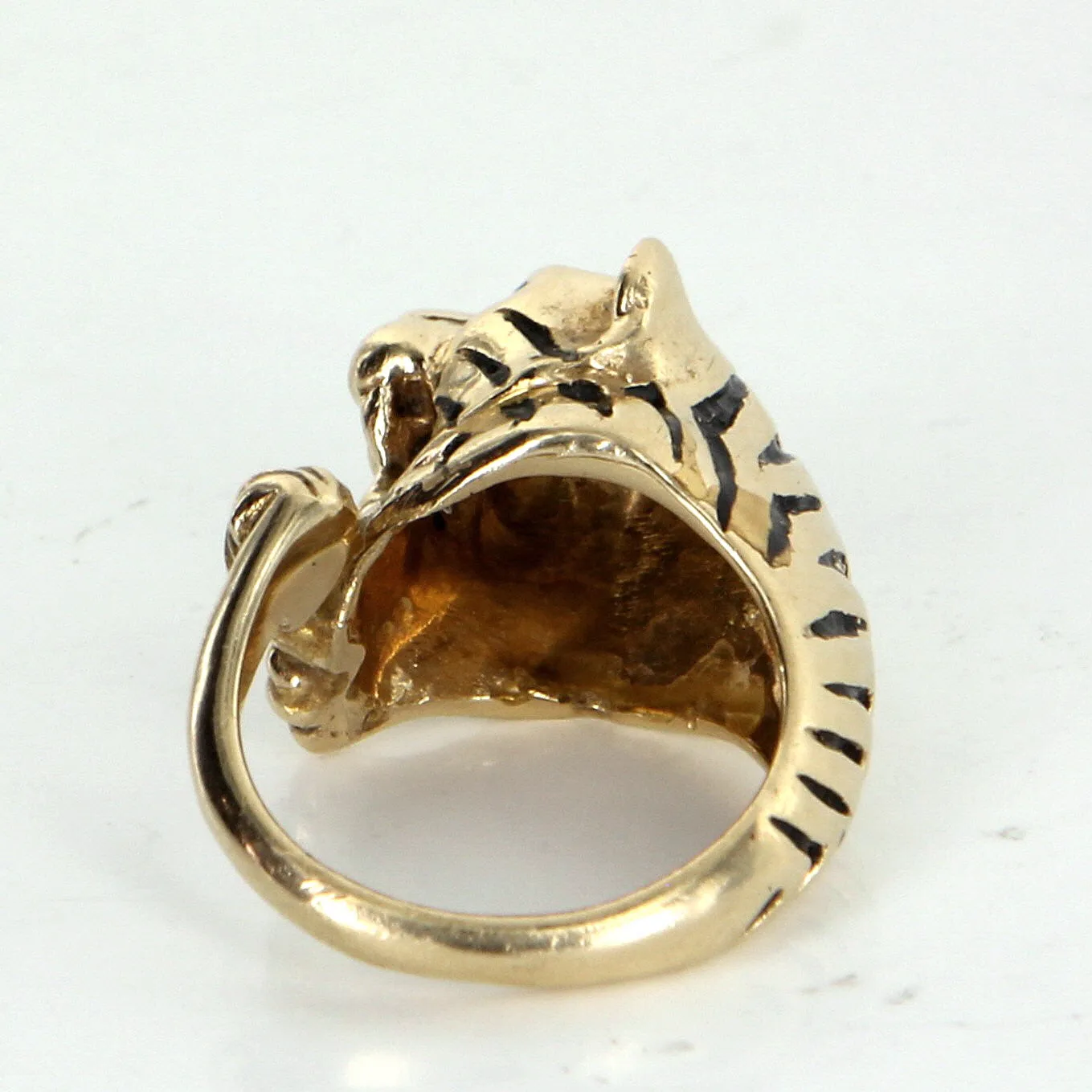 Bengal Tiger Ring Vintage 14k Yellow Gold Black Enamel Estate Animal Jewelry