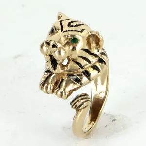 Bengal Tiger Ring Vintage 14k Yellow Gold Black Enamel Estate Animal Jewelry