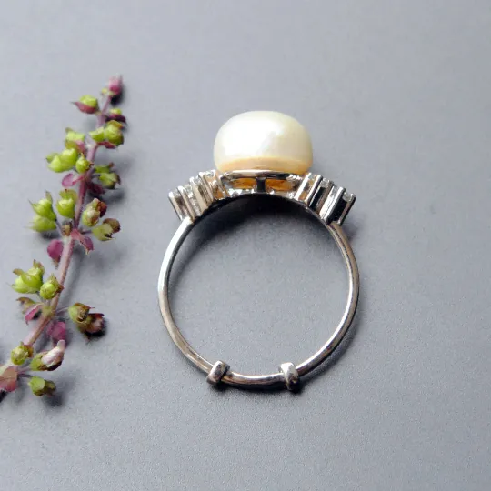 Big Pearl and Diamond Engagement Ring in Sterling Silver