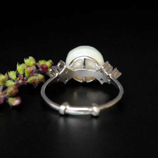 Big Pearl and Diamond Engagement Ring in Sterling Silver