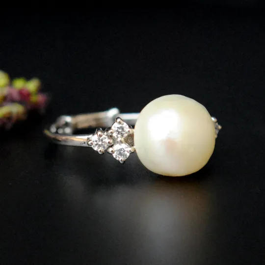 Big Pearl and Diamond Engagement Ring in Sterling Silver