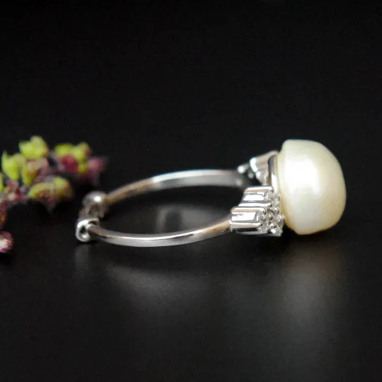 Big Pearl and Diamond Engagement Ring in Sterling Silver