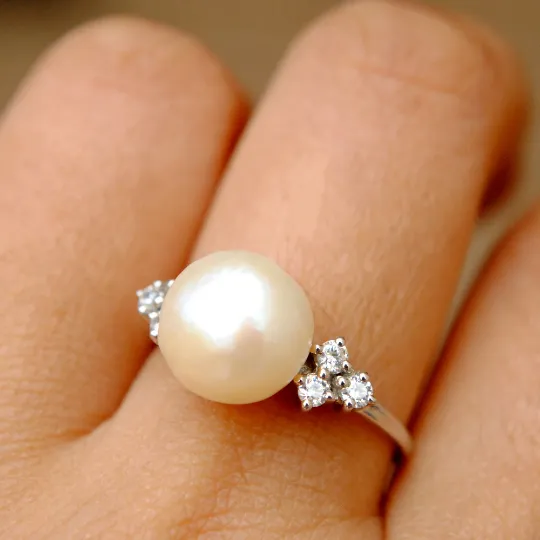 Big Pearl and Diamond Engagement Ring in Sterling Silver