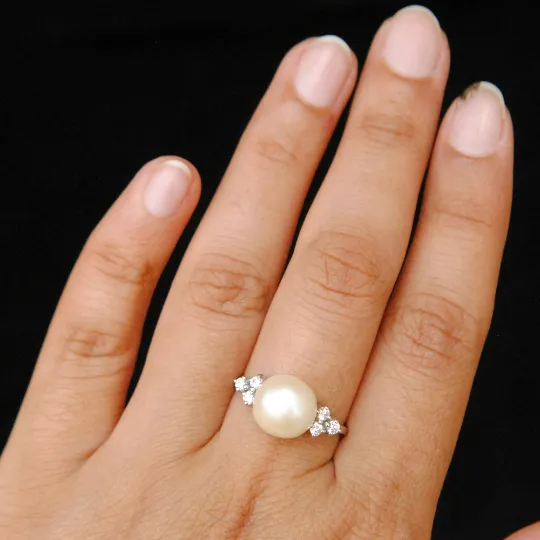 Big Pearl and Diamond Engagement Ring in Sterling Silver