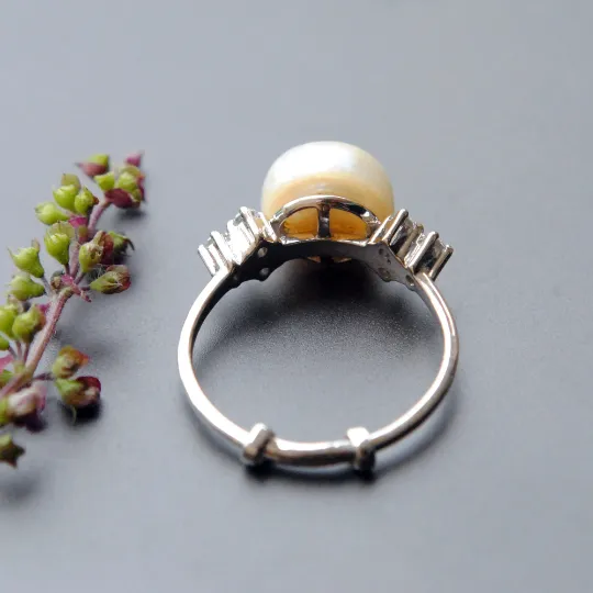 Big Pearl and Diamond Engagement Ring in Sterling Silver