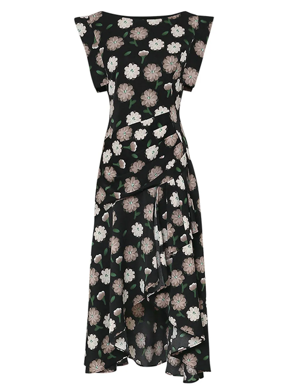 Black Crew Neck Ruffles Irregular Hem 1960S Vintage Dress